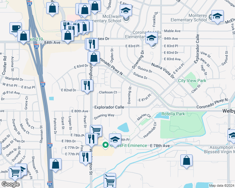 map of restaurants, bars, coffee shops, grocery stores, and more near 966 Clarkson Court in Thornton