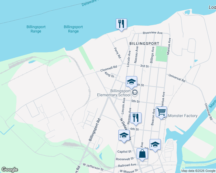 map of restaurants, bars, coffee shops, grocery stores, and more near 417 North Delaware Street in Paulsboro