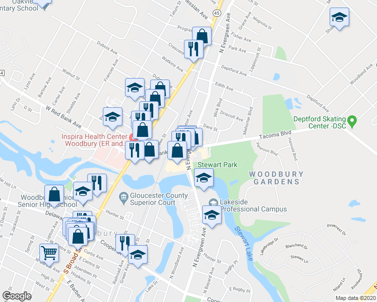 map of restaurants, bars, coffee shops, grocery stores, and more near 594 North Evergreen Avenue in Woodbury