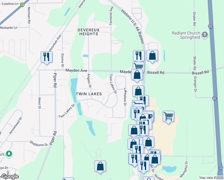 map of restaurants, bars, coffee shops, grocery stores, and more near 3071 Twin Lakes Drive in Springfield