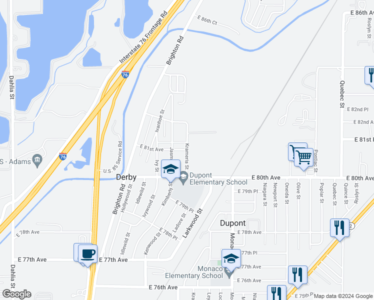 map of restaurants, bars, coffee shops, grocery stores, and more near Krameria Street in Commerce City