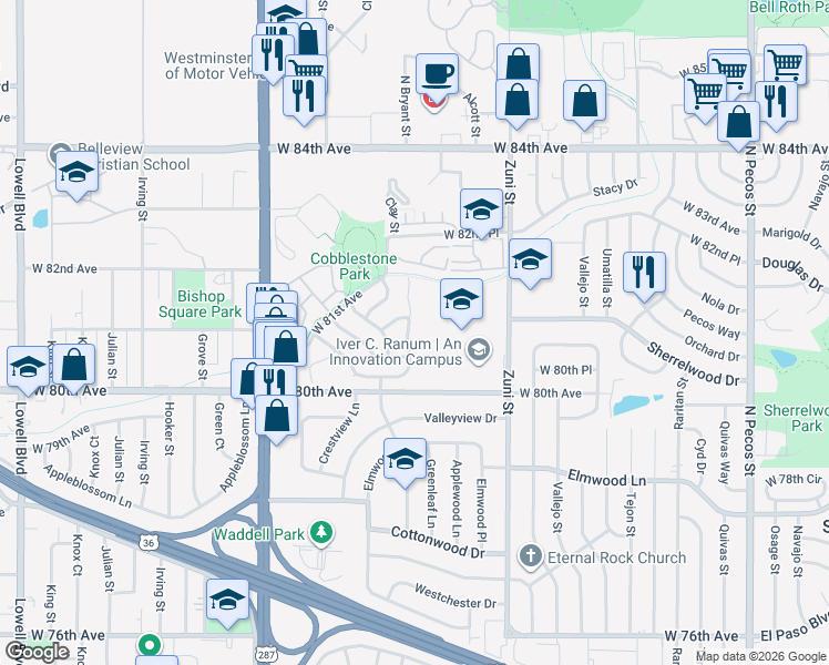 map of restaurants, bars, coffee shops, grocery stores, and more near 8031 Bryant Street in Westminster