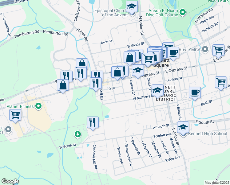 map of restaurants, bars, coffee shops, grocery stores, and more near 523 Magnolia Street in Kennett Square