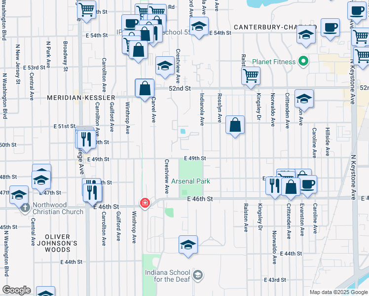 map of restaurants, bars, coffee shops, grocery stores, and more near 1428 East 49th Street in Indianapolis