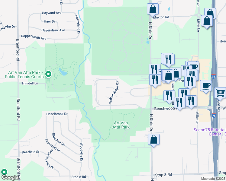 map of restaurants, bars, coffee shops, grocery stores, and more near 3032 Creekview Circle in Dayton
