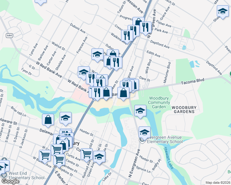 map of restaurants, bars, coffee shops, grocery stores, and more near 49 East Red Bank Avenue in Woodbury