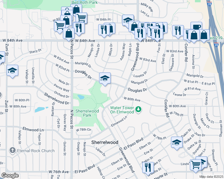 map of restaurants, bars, coffee shops, grocery stores, and more near 8061 Greenwood Court in Denver