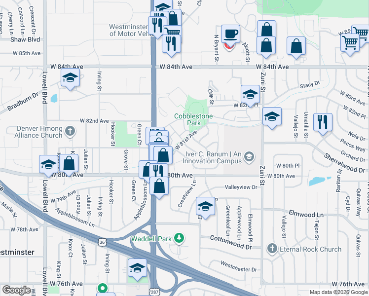 map of restaurants, bars, coffee shops, grocery stores, and more near 8069 Decatur Court in Westminster