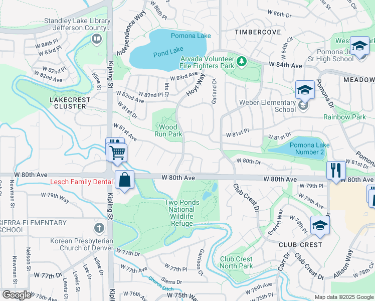 map of restaurants, bars, coffee shops, grocery stores, and more near 8095 Holland Court in Arvada