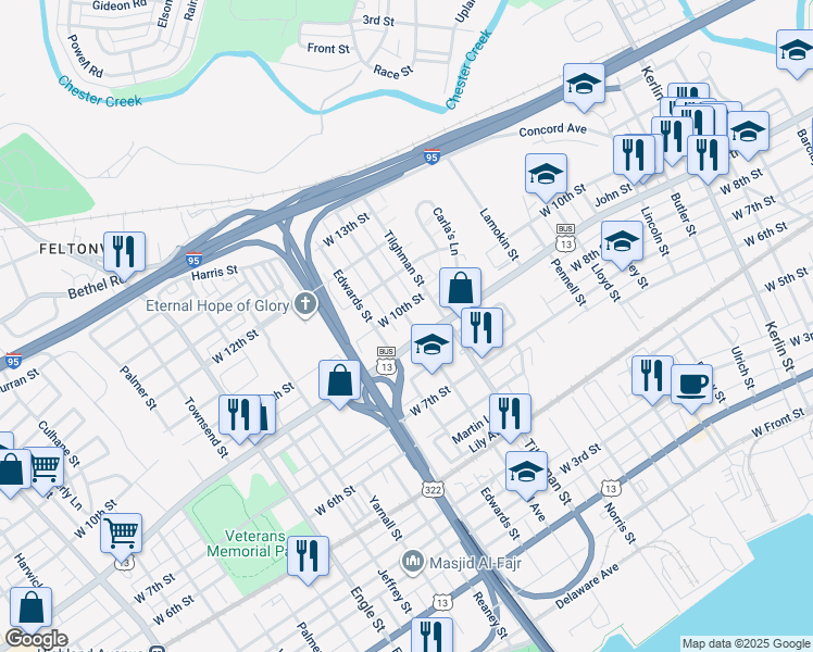 map of restaurants, bars, coffee shops, grocery stores, and more near 1607 West 9th Street in Chester