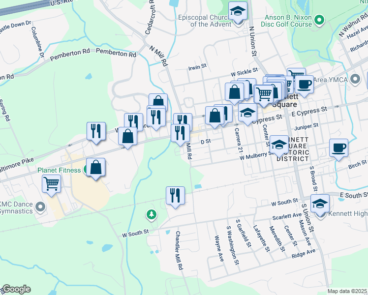 map of restaurants, bars, coffee shops, grocery stores, and more near 228 South Mill Road in Kennett Square