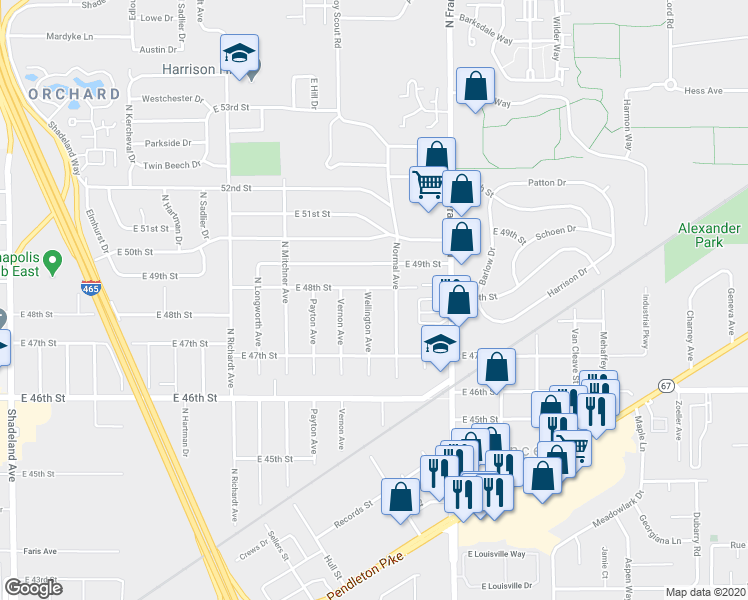 map of restaurants, bars, coffee shops, grocery stores, and more near 4740 Wellington Avenue in Lawrence