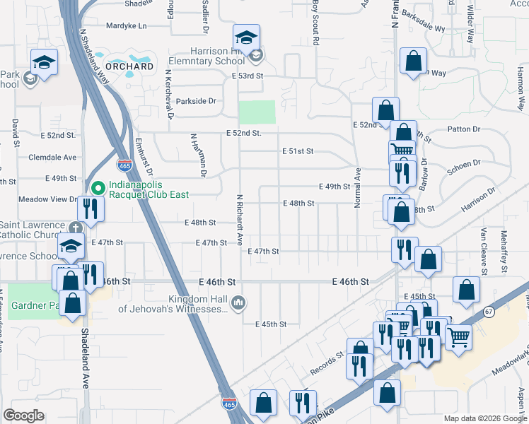 map of restaurants, bars, coffee shops, grocery stores, and more near 4736 North Longworth Avenue in Indianapolis