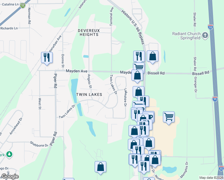 map of restaurants, bars, coffee shops, grocery stores, and more near 3071 Twin Lakes Drive in Springfield