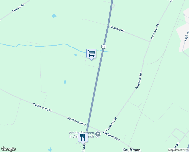map of restaurants, bars, coffee shops, grocery stores, and more near 6733 Molly Pitcher Highway in Chambersburg