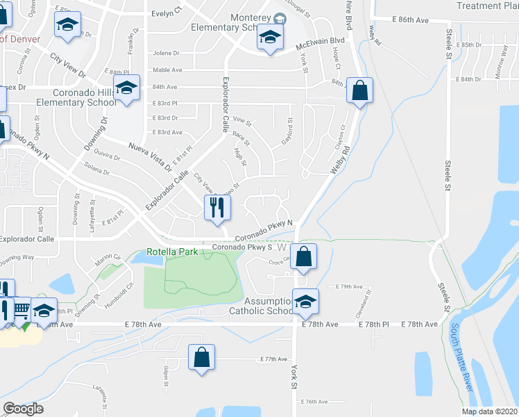 map of restaurants, bars, coffee shops, grocery stores, and more near 2241 Coronado Parkway North in Denver