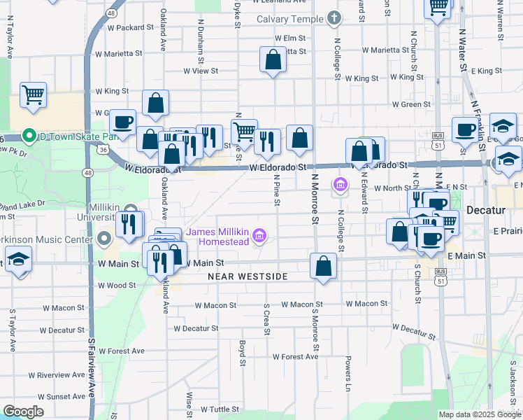 map of restaurants, bars, coffee shops, grocery stores, and more near 825 West William Street in Decatur