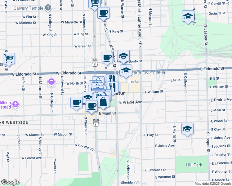 map of restaurants, bars, coffee shops, grocery stores, and more near in Decatur