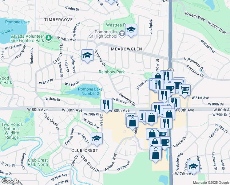 map of restaurants, bars, coffee shops, grocery stores, and more near 8245 West 81st Drive in Arvada