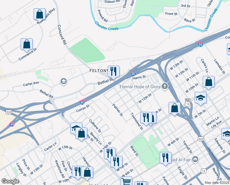 map of restaurants, bars, coffee shops, grocery stores, and more near 1404 Townsend Street in Chester