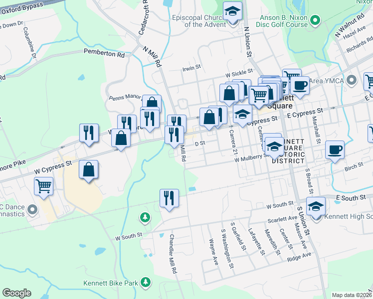 map of restaurants, bars, coffee shops, grocery stores, and more near 228 South Mill Road in Kennett Square