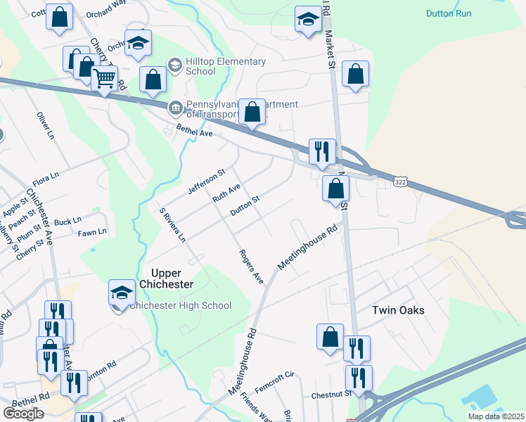 map of restaurants, bars, coffee shops, grocery stores, and more near 498 Monticello Avenue in Delaware County