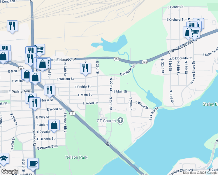 map of restaurants, bars, coffee shops, grocery stores, and more near 2620 East Main Street in Decatur