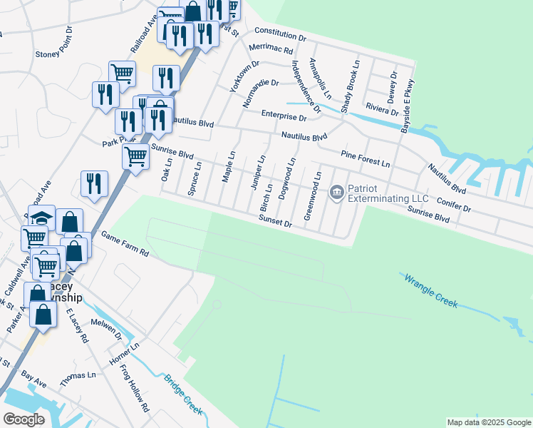 map of restaurants, bars, coffee shops, grocery stores, and more near 201 Sunset Drive in Lacey Township