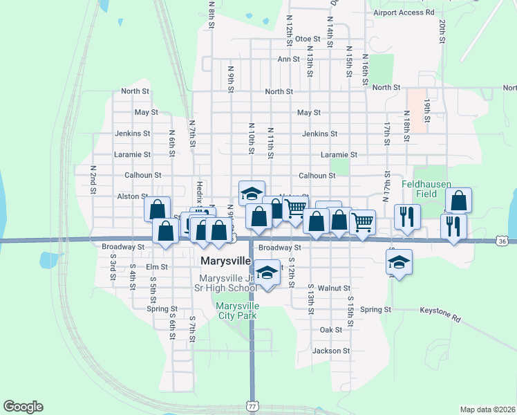map of restaurants, bars, coffee shops, grocery stores, and more near 1010 Carolina Street in Marysville