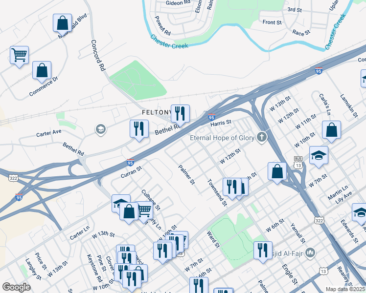 map of restaurants, bars, coffee shops, grocery stores, and more near 1404 Townsend Street in Chester