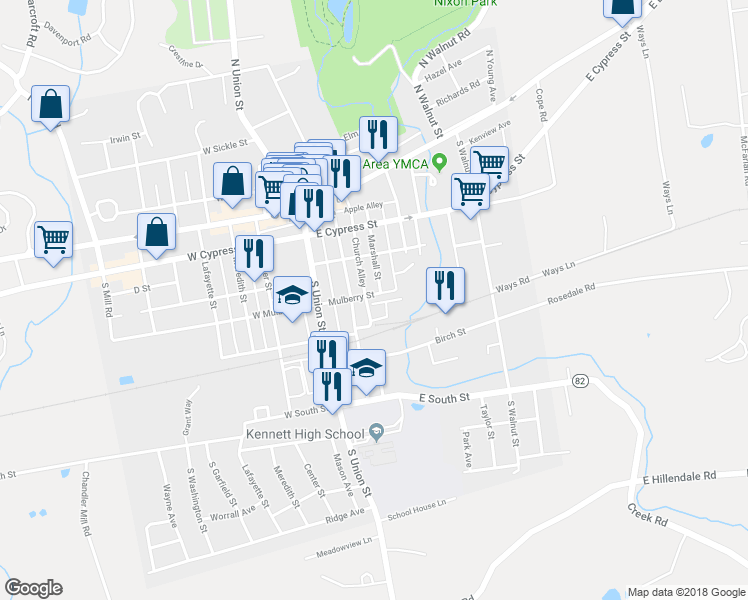 map of restaurants, bars, coffee shops, grocery stores, and more near 349 Mulberry Street in Kennett Square