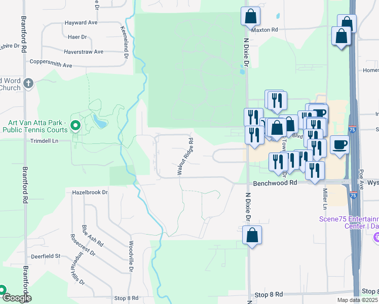 map of restaurants, bars, coffee shops, grocery stores, and more near 6608 Walnut Ridge Road in Dayton