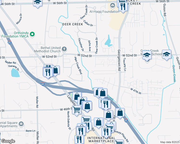 map of restaurants, bars, coffee shops, grocery stores, and more near 5045 Lewiston Drive in Indianapolis