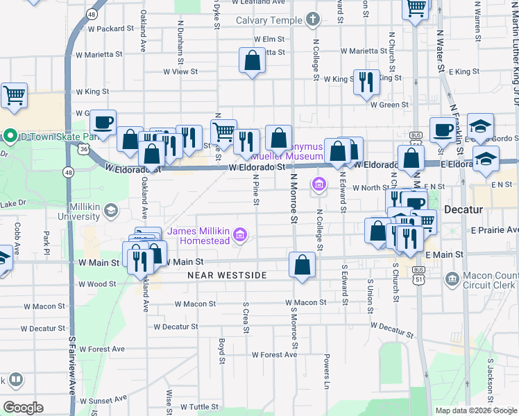 map of restaurants, bars, coffee shops, grocery stores, and more near 302 North Pine Street in Decatur