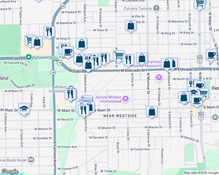 map of restaurants, bars, coffee shops, grocery stores, and more near 238 North Haworth Avenue in Decatur