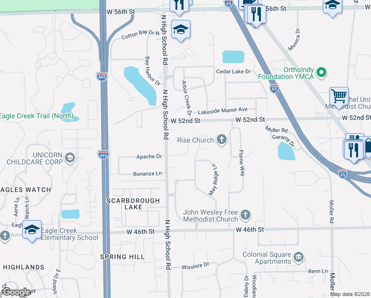 map of restaurants, bars, coffee shops, grocery stores, and more near 6217 Apache Drive in Indianapolis