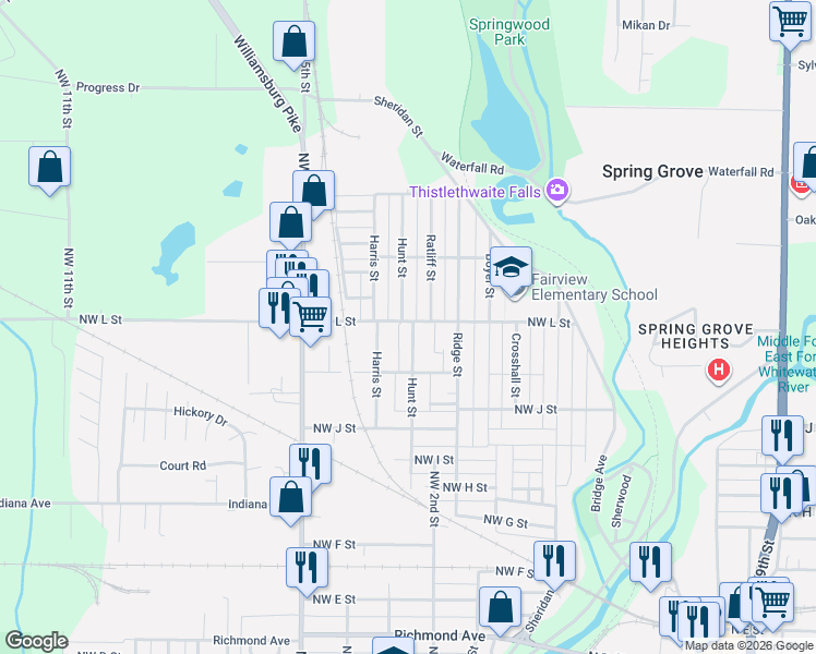 map of restaurants, bars, coffee shops, grocery stores, and more near 1221 Harris Street in Richmond