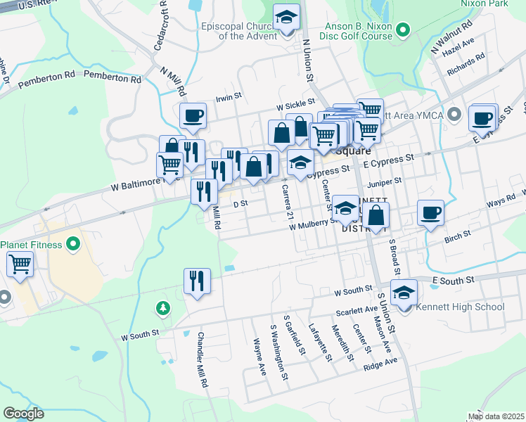 map of restaurants, bars, coffee shops, grocery stores, and more near 503 Magnolia Street in Kennett Square