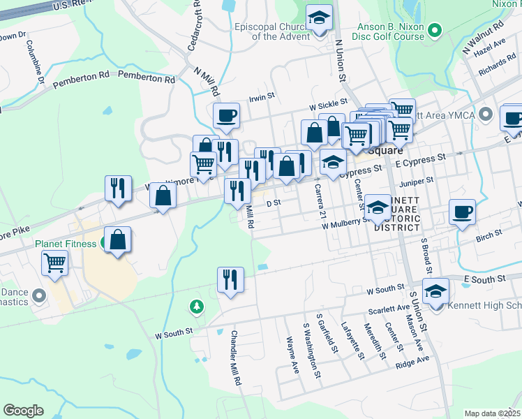 map of restaurants, bars, coffee shops, grocery stores, and more near 624 D Street in Kennett Square