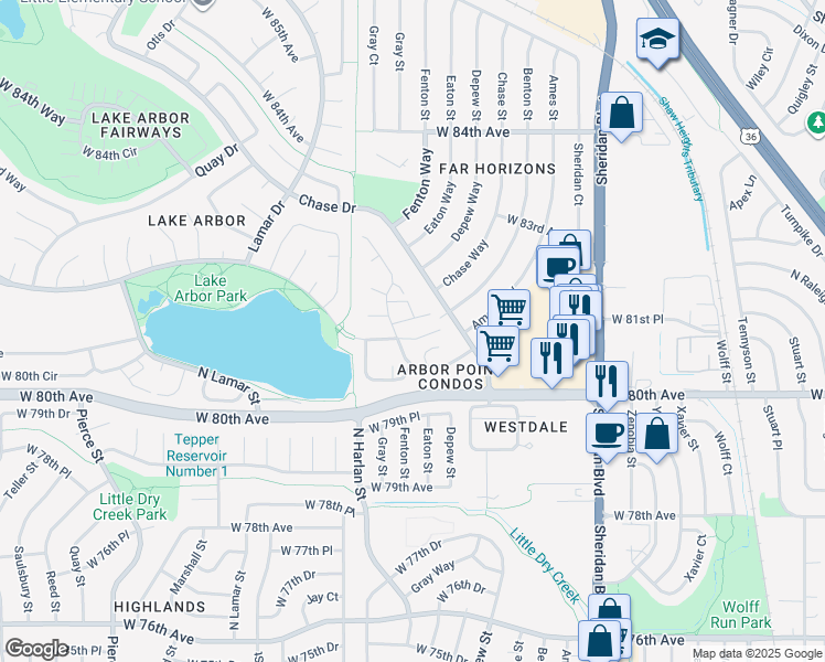 map of restaurants, bars, coffee shops, grocery stores, and more near 8052 Fenton Court in Arvada