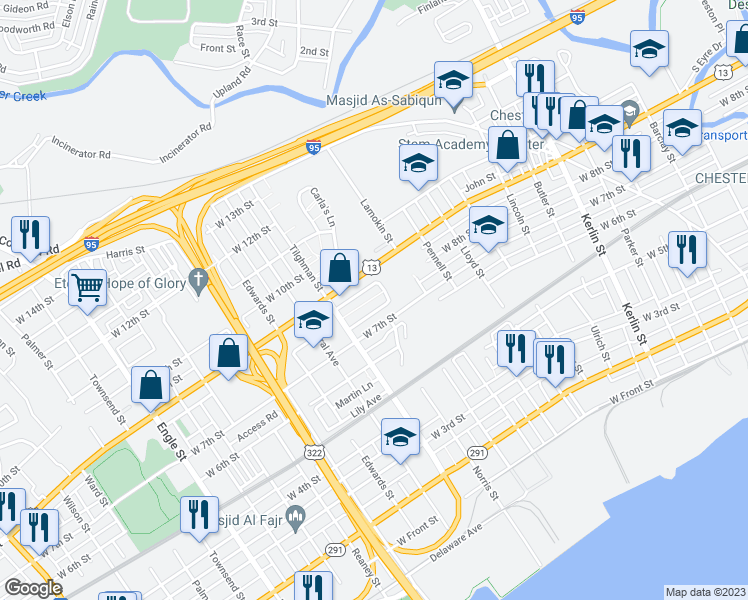 map of restaurants, bars, coffee shops, grocery stores, and more near 1402 West 7th Street in Chester