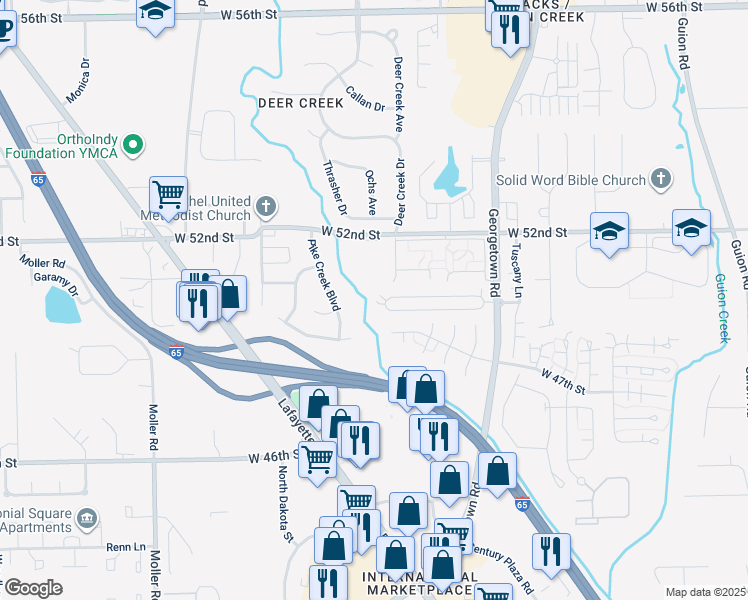 map of restaurants, bars, coffee shops, grocery stores, and more near 5045 Lewiston Drive in Indianapolis