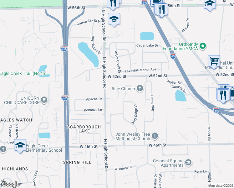 map of restaurants, bars, coffee shops, grocery stores, and more near 6217 Apache Drive in Indianapolis