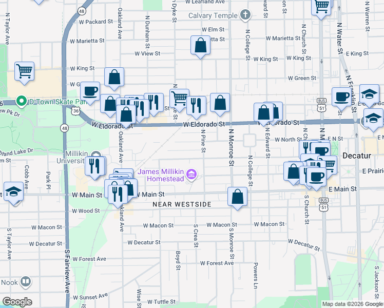 map of restaurants, bars, coffee shops, grocery stores, and more near 854 West William Street in Decatur