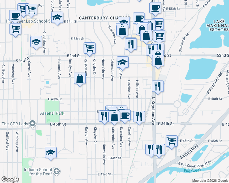 map of restaurants, bars, coffee shops, grocery stores, and more near 4902 Evanston Avenue in Indianapolis