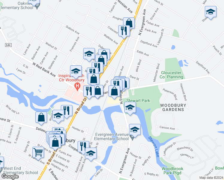 map of restaurants, bars, coffee shops, grocery stores, and more near 118 East Red Bank Avenue in Woodbury