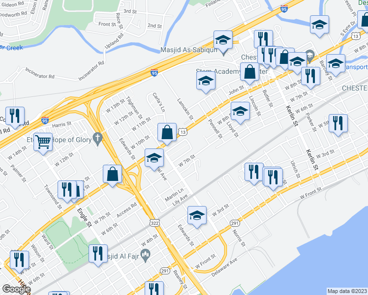 map of restaurants, bars, coffee shops, grocery stores, and more near 1402 West 7th Street in Chester