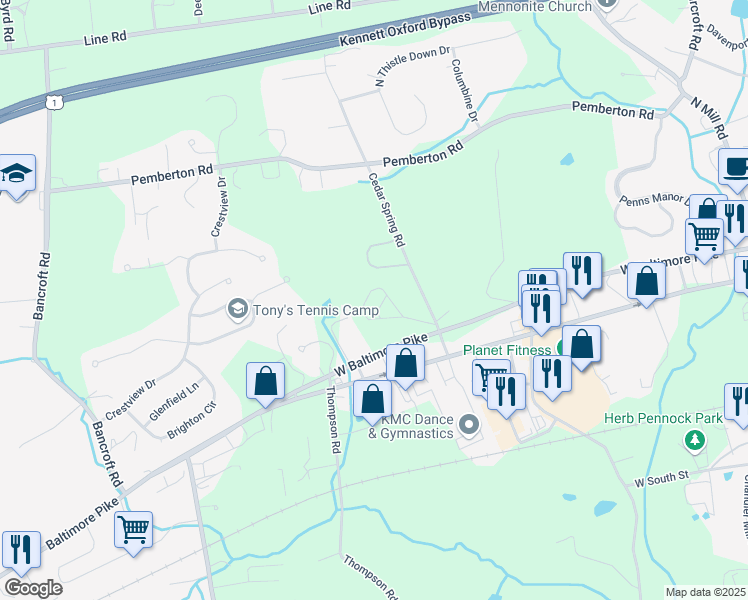 map of restaurants, bars, coffee shops, grocery stores, and more near 300 Cedar Spring Road in Kennett Square