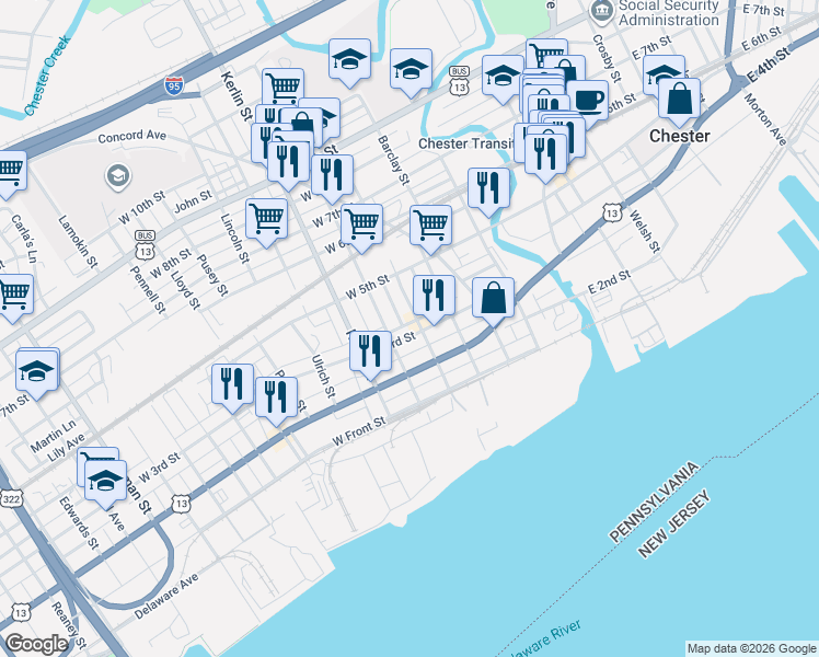 map of restaurants, bars, coffee shops, grocery stores, and more near 508 West 3rd Street in Chester