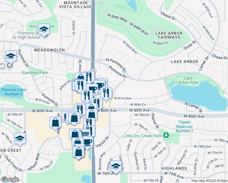 map of restaurants, bars, coffee shops, grocery stores, and more near 8110 Vance Drive in Arvada